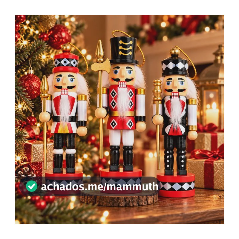 Kit 3 Quebra-Nozes de Madeira 15cm para Decoração de Natal Soldadinho Árvore de Natal Natalino Premium