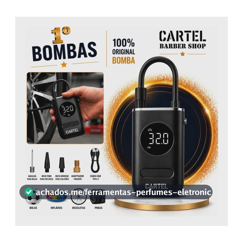 Mini Compressor Digital Portátil Cartel Barber Shop para Carro Moto e Bicicleta com Calibrador Digital Inflador Elétrico de Pneus 12V Display LCD Lanterna LED Compacto e Recarregável Preto