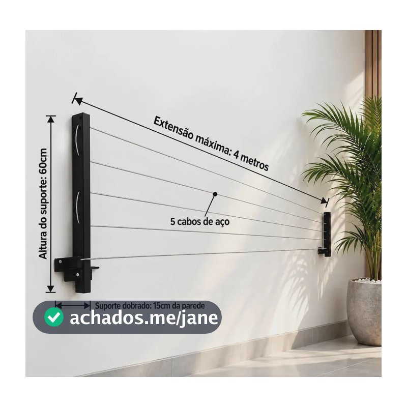 Varal Dobrável Retrátil De Parede Reforçado - Envio Full Preto