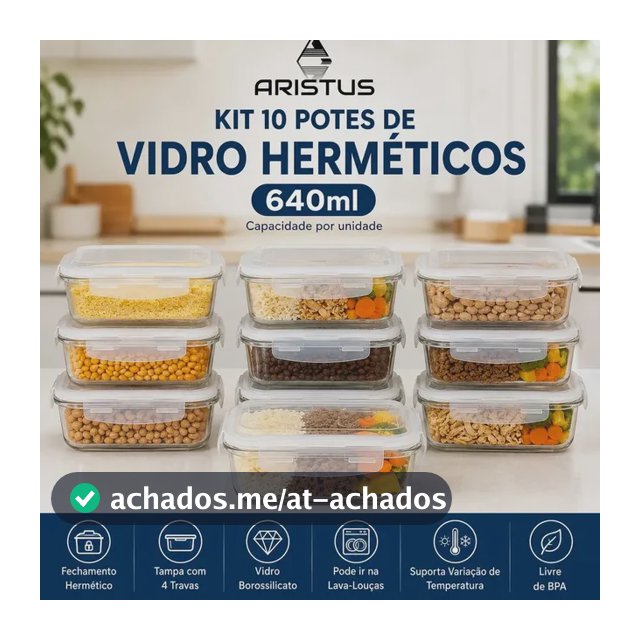 Kit 10 Potes Vidro Hermético Aristus 640ml Marmita Anti Vazamento Forno Micro-ondas Freezer Tampa 4 Travas - Branco
