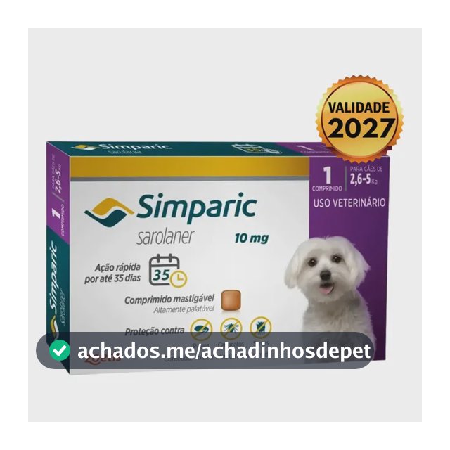 Antipulgas Simparic 10mg Para Cães 2,6 A 5kg 1 Comprimido Violeta-escuro
