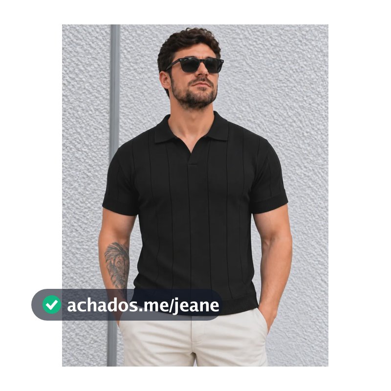 Camisa Gola Polo Masculina Tricô Old Money Slim Manga Curta Preto M