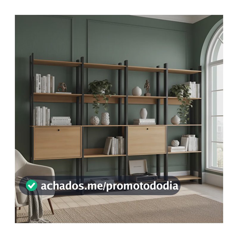 Kit 4 Estantes Para Livros 2 Portas 20 Prateleiras Estilo Industrial Lâmina Mel/preto - Brv Móveis