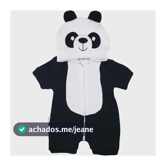 Roupa Bebê Macacão Curto Neutro Capuz Panda Zíper Algodão