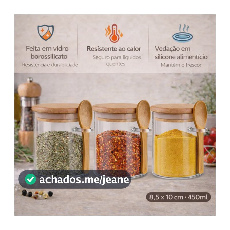 Kit 3 Potes De Vidro 450ml Herméticos com Tampa e Colher de Bambu Para Mantimentos Alimentos Grãos Café Massas Cereais Cozinha Com Vedação Hermética Vidro Borossilicato Livre Bpa Transparente