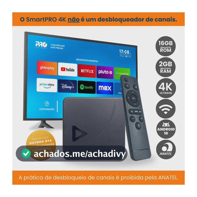 Tv Box Proeletronic SmartPro 4k, com Android 10 E 16gb Smart Box PROSB-3000/16GB