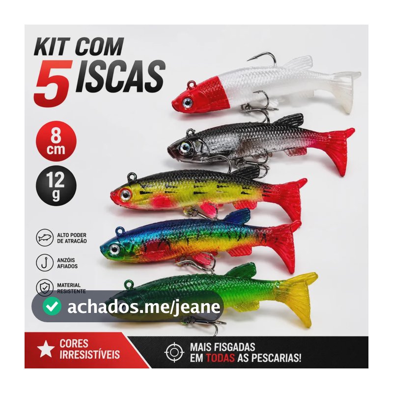 Kit 5 Isca Artificial Predadores Shad Soft Silicone 8cm 12g com Anzol e Garateia Pesca Tucunaré Robalo Traíra Corvina Pescada Ideal para Molinete e Carretilha Água Doce e Salgada - Petite Flô