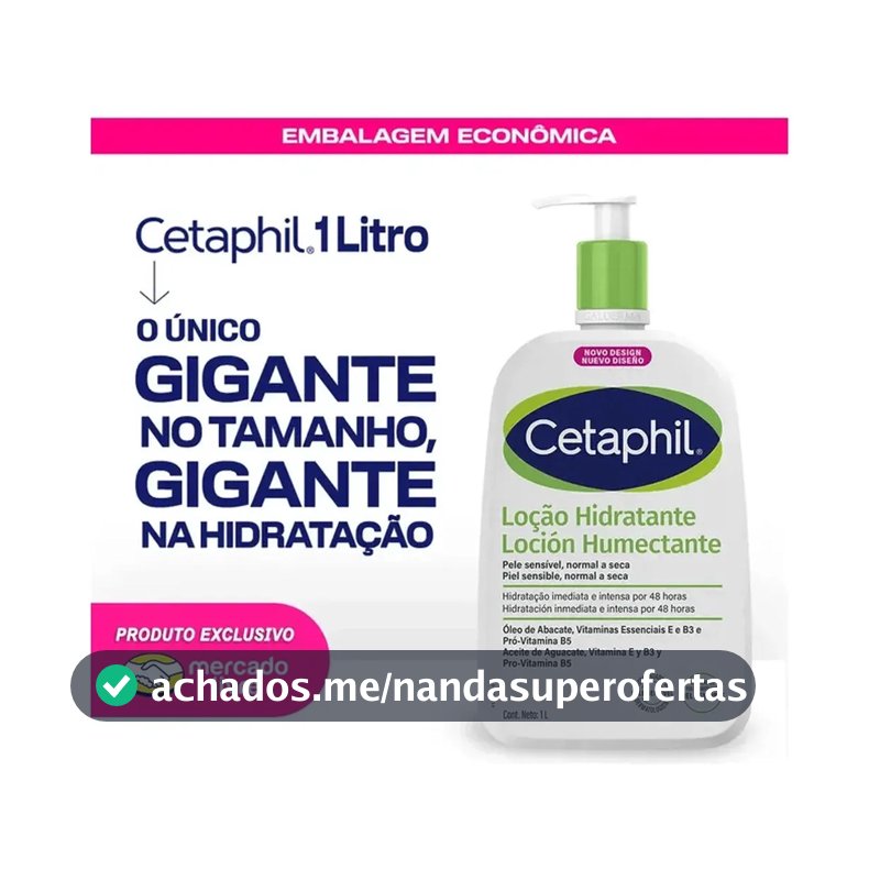 Cetaphil Loção Hidratante Corporal e Facial para Pele Sensível, Normal a Seca 1L - Hidratação 48h