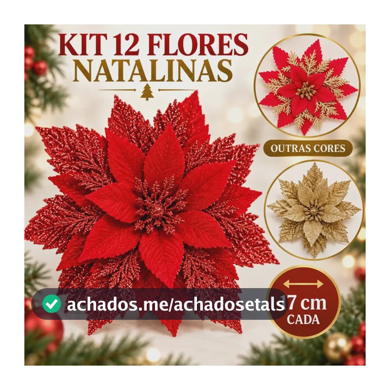 Kit 12 Flores Enfeite Artificial Glitter 17cm Decoração Árvore De Natal Vermelho Luvinco