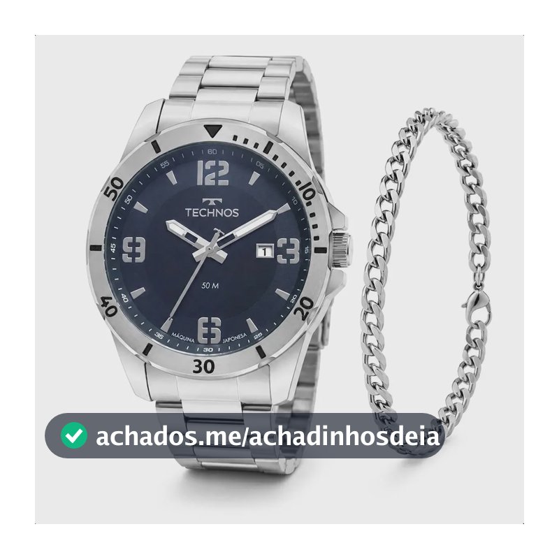 Relogio Technos Masculino 2115MYN/1A 45 Milímetros em Aço Inoxidável com Calendário Fundo Azul Petróleo + Pulseira Masculina