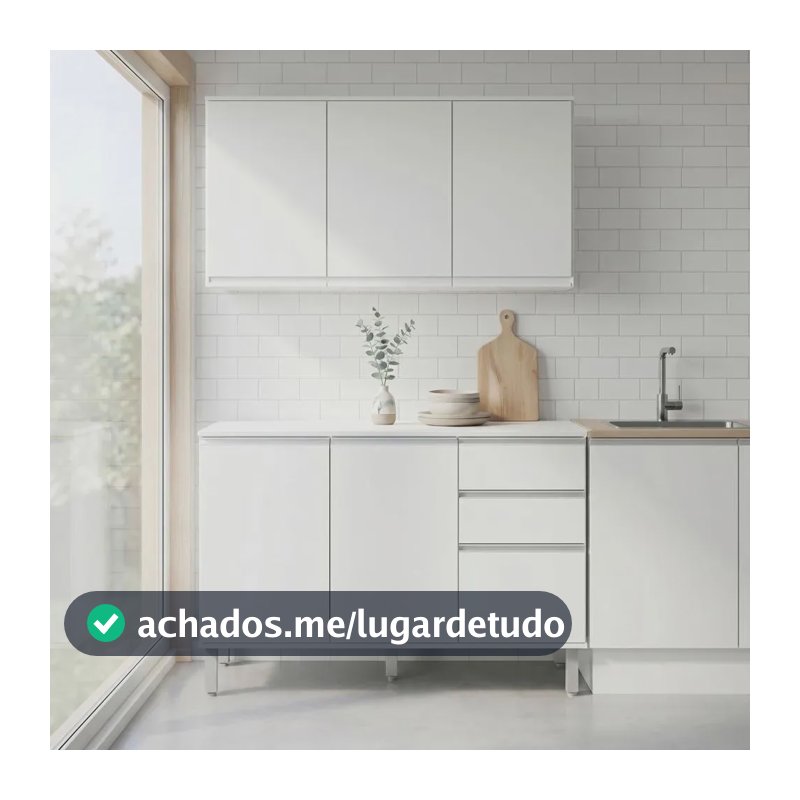 Cozinha Compacta Nina Branca com Armário Aéreo e Balcão para Cozinhas Pequenas