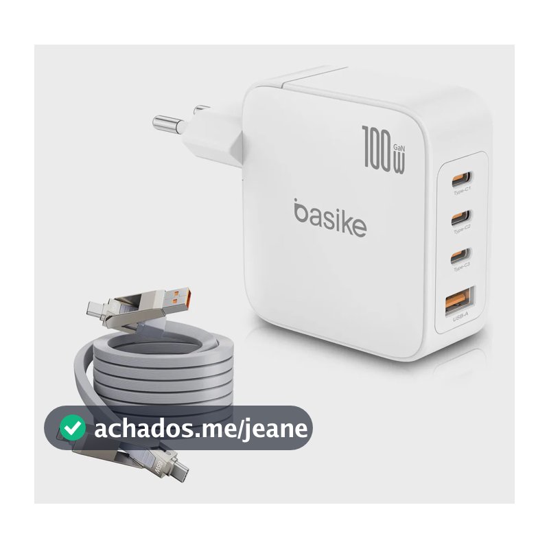 Carregador de Parede Basike 100W Turbo GaN com 3 USB-C e 1 USB-A, e Cabo de Dados 4 em 1