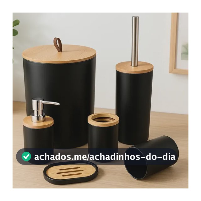Kit Conjunto Banheiro 6 Peças Lixeira Tampa Bambu Fechada