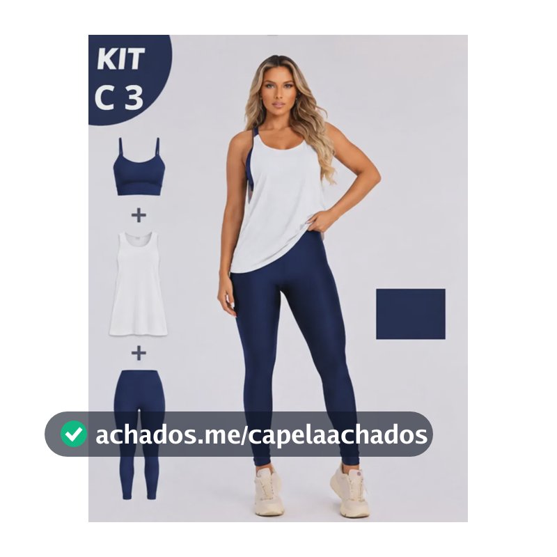 Kit 3 Peça Fitness Roupa Academia Legging + Cropped + Regata Azul-marinho G