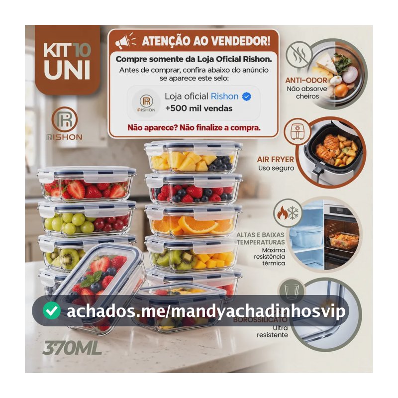 Kit 10 Pote De Vidro Marmita Hermético 370ml Freezer Fitness Rishon
