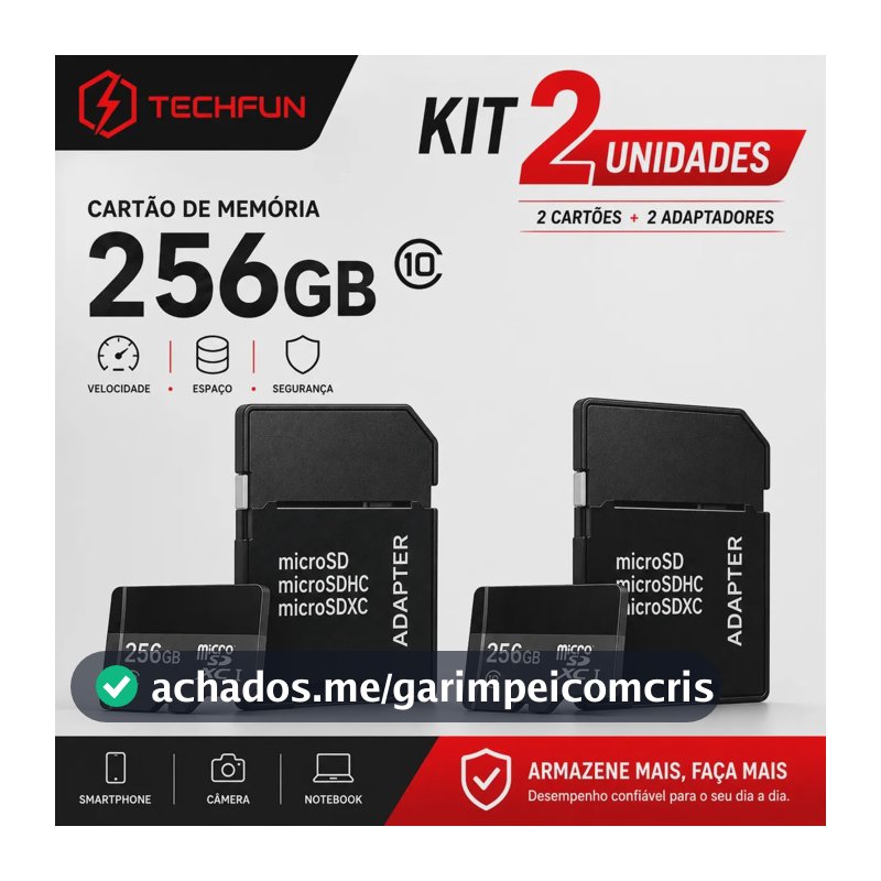 Kit 2 Cartões de Memória Micro SDXC Techfun Ultra de 512 GB com Adaptador SD para Câmera e Smartphone