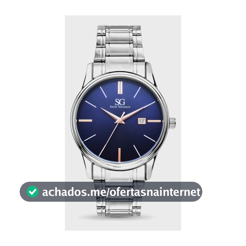 Relógio Masculino Clássico Pulseira Prata Correia Prateada Bisel Prateado Fundo Azul Marinho Saint Germain 42mm Elegante Detalhes Bronze