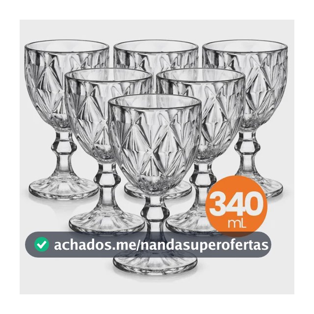 Jogo 6 Taças Vidro Diamond 340ml Conjunto Mesa Posta Água Suco Cozinha Decoração Presente