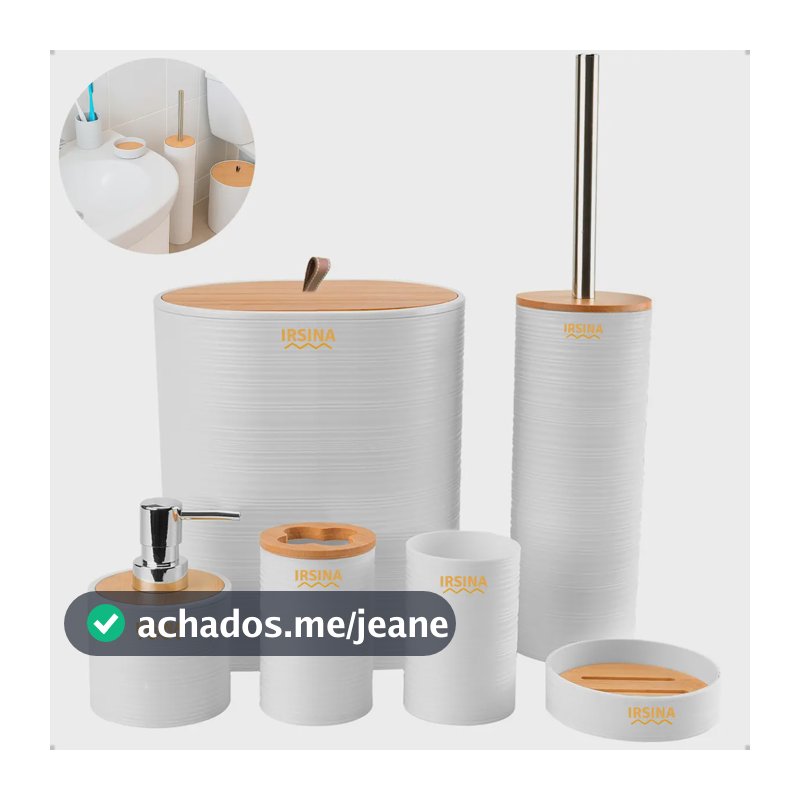 Kit Banheiro Conjunto De Acessórios Moderno Bambu Lixeira Saboneteira Escova Cor Branco Irsina