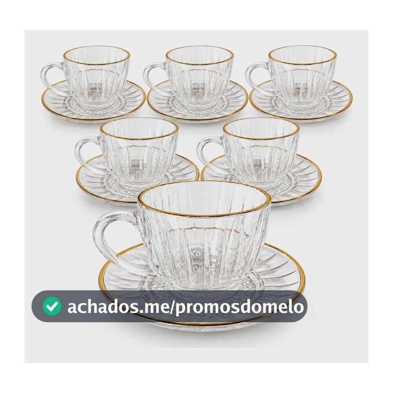 Jogo 8 Peças C 4 Xícaras Chá 200ml Pires Vidro Borda Dourada Transparente Transparente Com Dourado Borda Fio Dourado