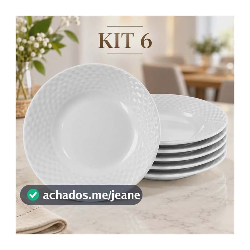 Kit 6 Pratos Brancos Martelados 23cm Conjunto de Louça para Jantar Refeição Mesa Posta Cozinha Casa Dia a Dia Ocasiões Especiais Design Elegante Moderno para Servir 6 Unidades