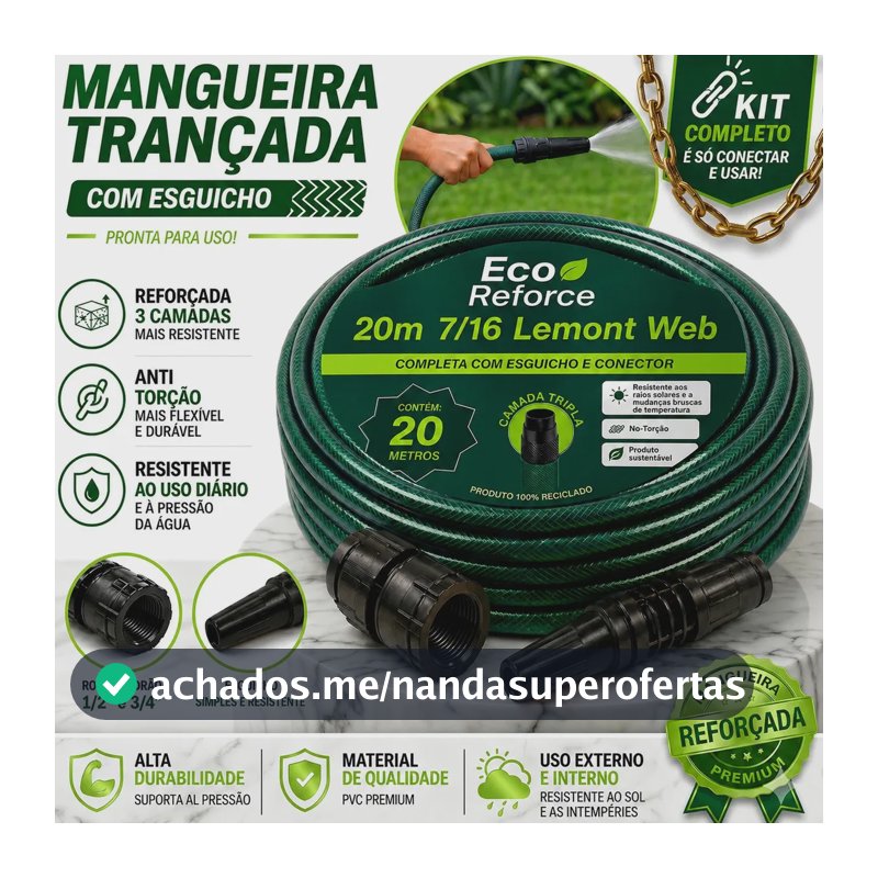 Mangueira Jardim 20m Metros Com Esguicho Trançada Reforçada Flexível 7/16 Anti Dobra Irrigação Quintal Poço Lavagem Durável