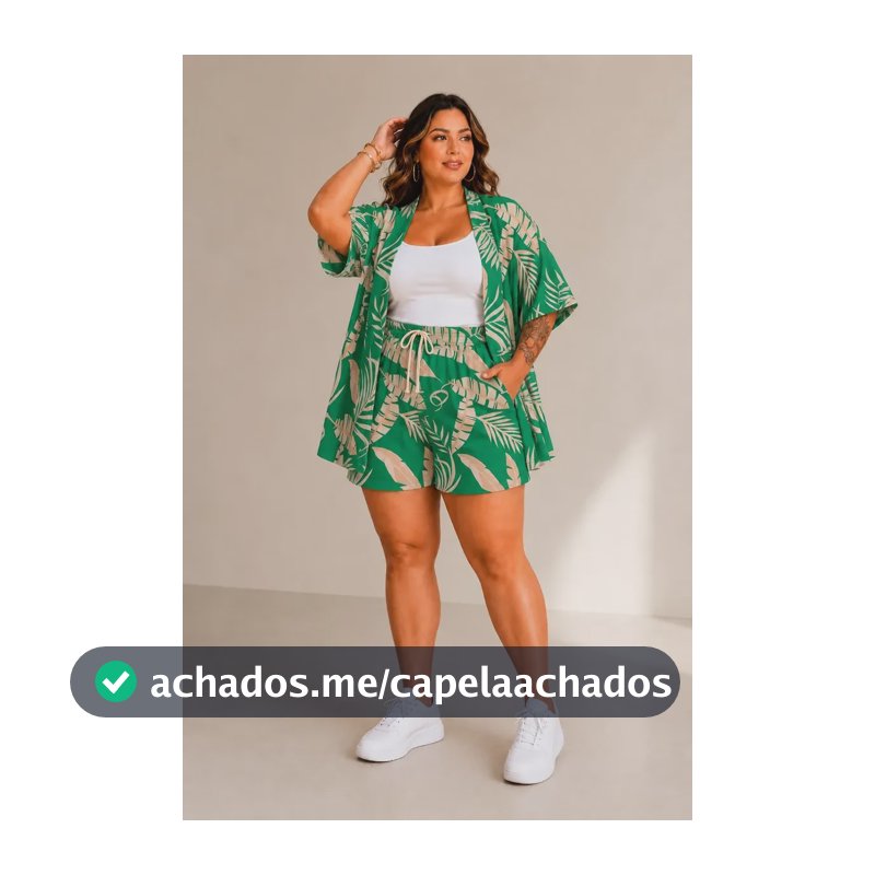 Conjunto Plus Size Feminino Kimono Manga Curta Short Casual Verde Tropical 48