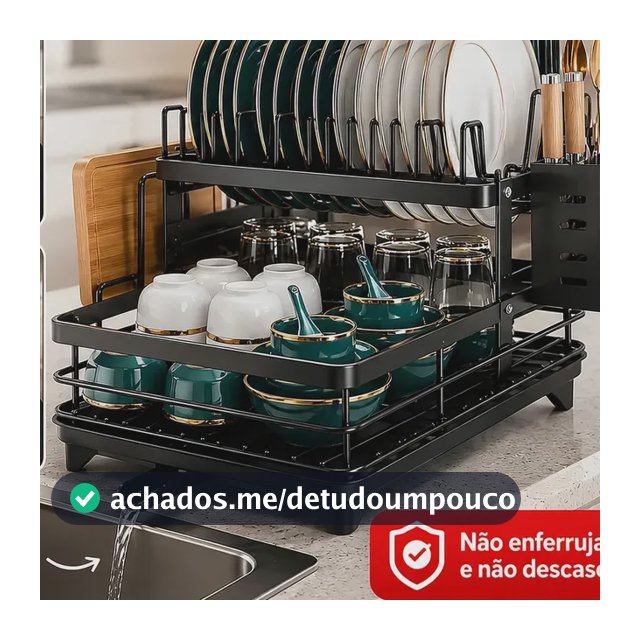 Escorredor De Louça Inoxidável 2 Andares Drenagem Automática Bandeja Grande 360o Organizador Pia Com Porta Talheres Tigelas Pratos