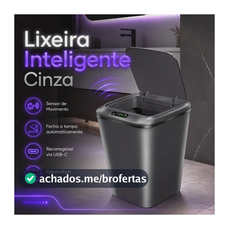 Lixeira Inteligente Sensor Automático 16l Cinza Smart Recarregável Para Banheiro E Cozinha
