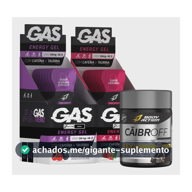 2x Gas Energy Gel Energético 20 Sachês + Cãibroff Bodyaction Sabor Guaraná com Açaí/Morango