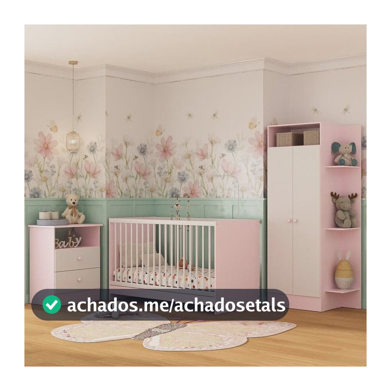 Jogo de Quarto Infantil Trevalla Móveis Pom Pom 3 Peças, Rosa e Branco