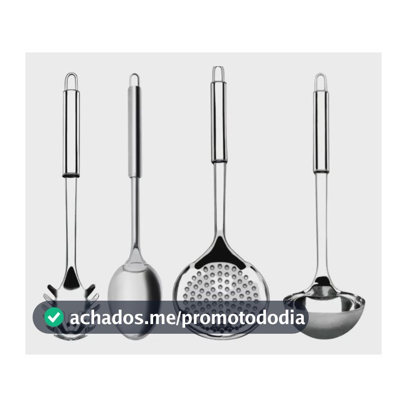 Kit 4 Utensílios Inox Cozinha Colher Concha Escumadeira Prateado