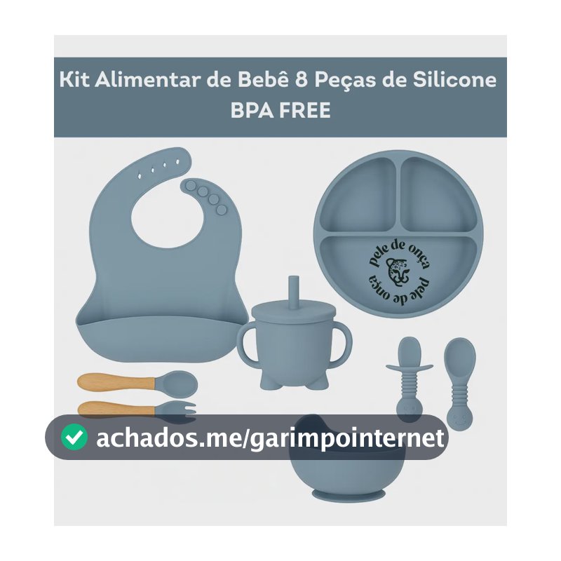 Kit Alimentar Bebê 8 Un Copo Prato Babador Silicone Bpa Free Cor Azul