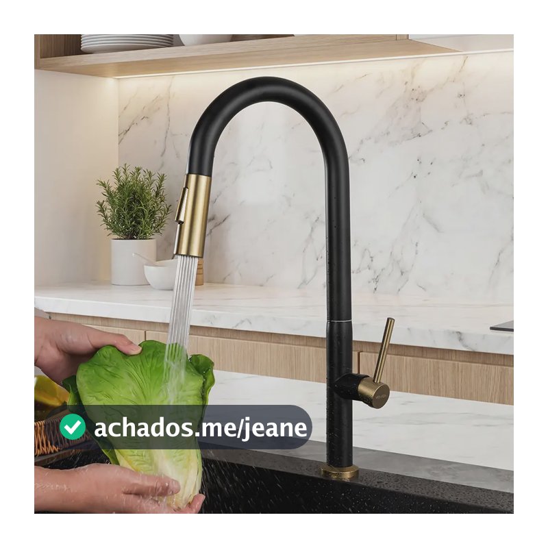 Torneira Gourmet Preta Com Detalhes Dourados Em Aço Inox 304 Bica Flexível Retrátil Duplo Jato Rotação 360° Para Pia E Bancada Winda