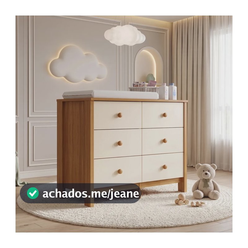 Cômoda Infantil Móveis Bela New com Trocador e 6 Gavetas para Quarto de Bebê
