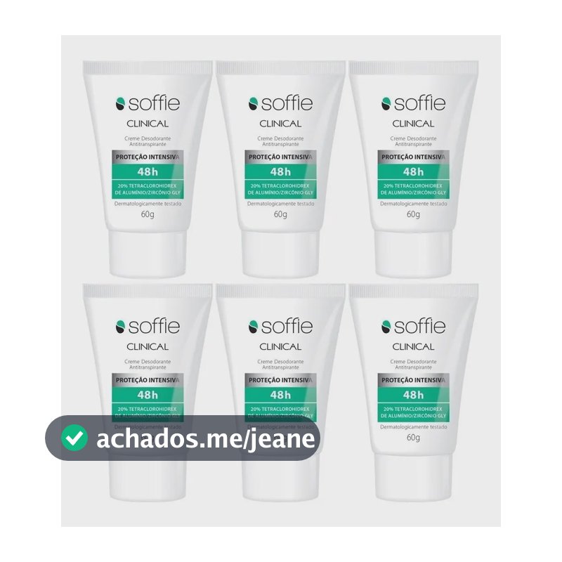 Kit com 6 Desodorante Creme Antitranspirante Soffie Clinical 48h Unissex Sem Álcool Etílico Não Mancha 60g Alta Proteção