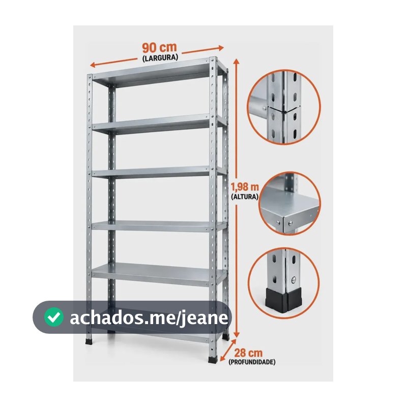 Prateleira Estante Aço Galvanizado 6 Bandejas 1,98x90x28cm Cinza
