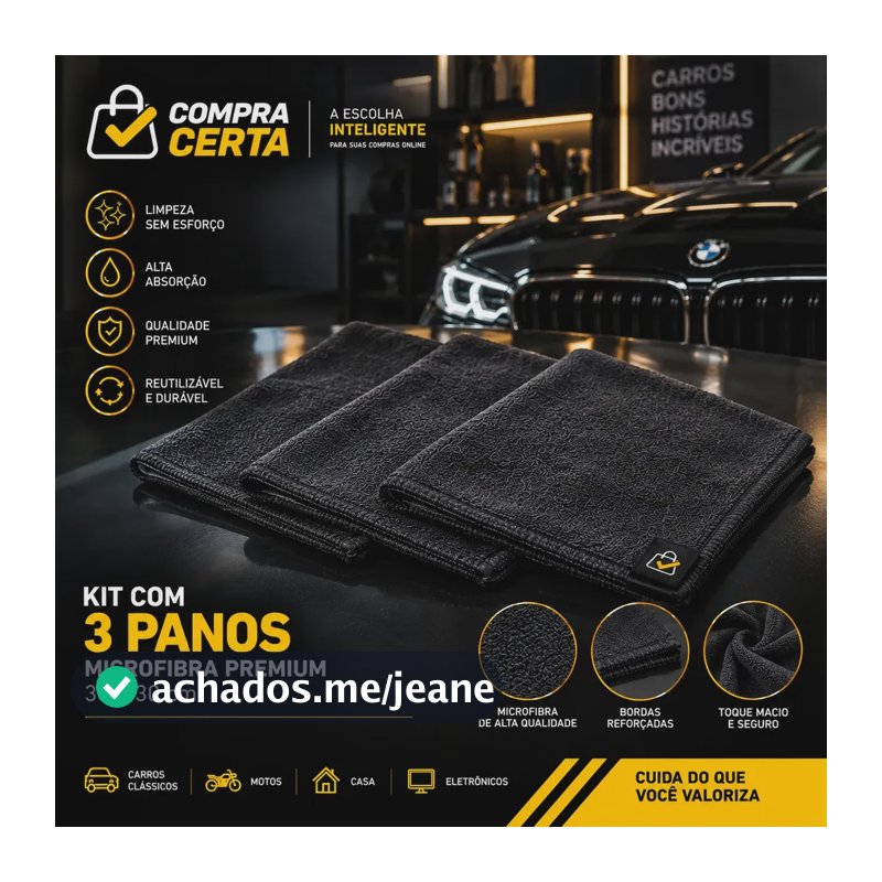 Kit 3 Panos Microfibra Premium 30x30cm Automotivo Não Risca Preto