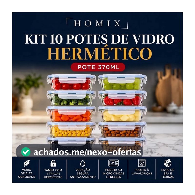 Kit 10 Potes 370ml Vidro Hermético Marmita Fitness Com Tampa Quatro Travas Retangular Anti Vazamento Trasparente