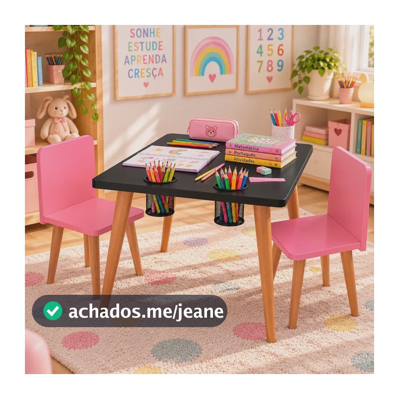 Mesa Infantil Lousa Quadrada Preta Com 2 Cadeiras Coloridas Rosa