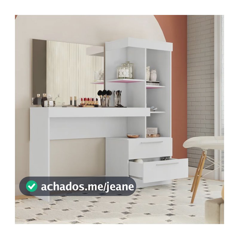 Escrivaninha Penteadeira Branco/Rosa Com Espelho MDP Notável Móveis