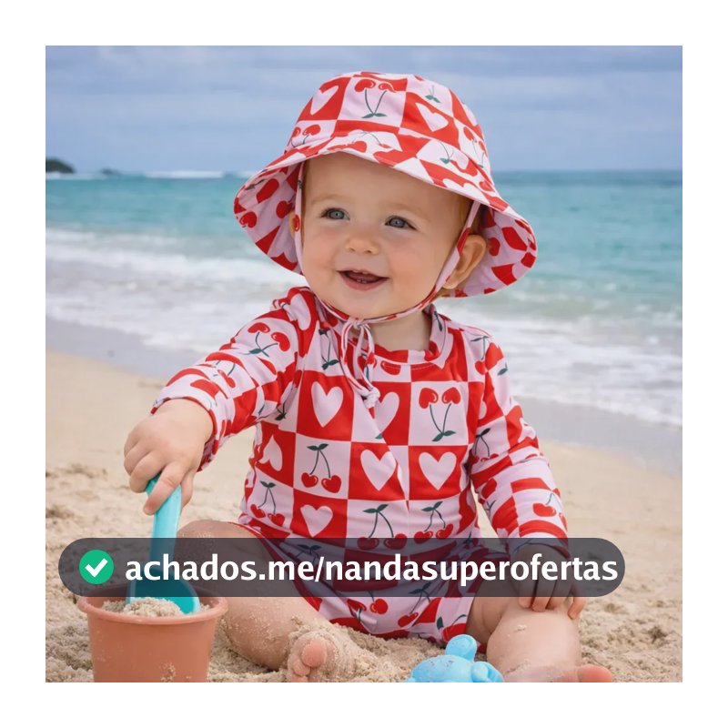 Kit Macacão + Chapéu Estampado Praia Verão Menino/meninauv50 Desenho Do Tecido Cereja Tamanho 12-18 M