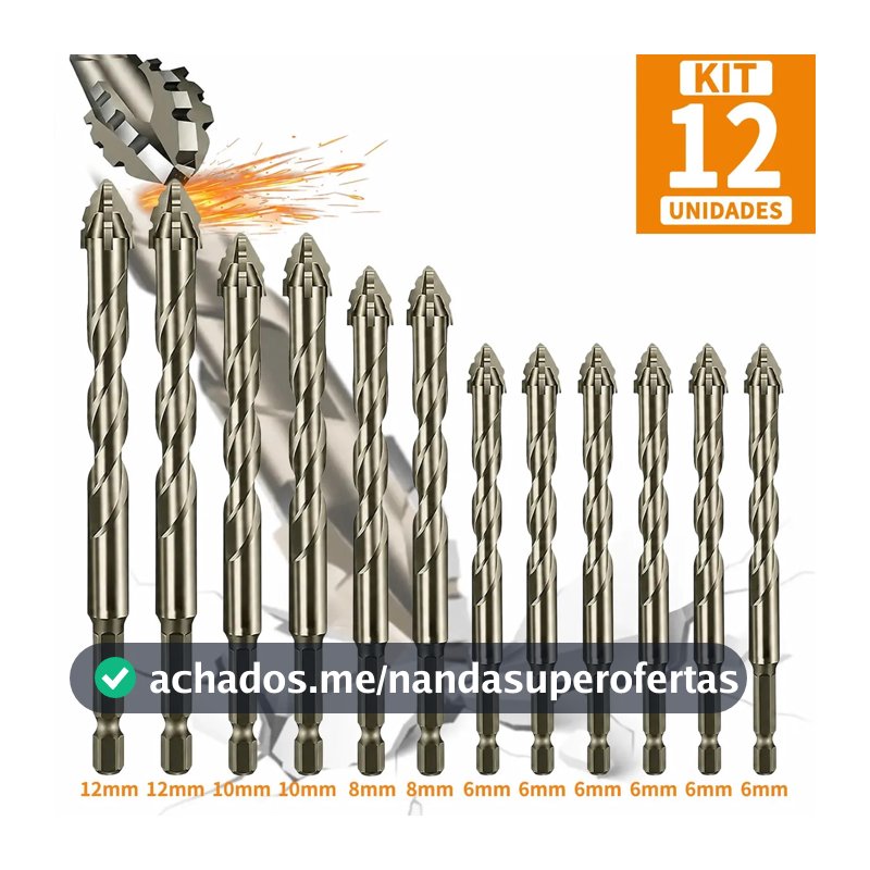 Kit 12 Brocas Excêntrica Serrilhada Ponta Cruzada Tungstenio 6mm/6mm/6mm/6mm/6mm/6mm+8mm/8mm+10mm/10mm+12mm/12mm Adequado para azulejos de cerâmica, cerâmica, vidro e mármore