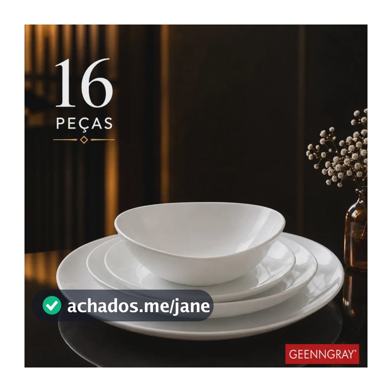 Aparelho Jantar 16 Peças Jogo Kit Branco Pratos Rasos Fundos Bowl e Sobremesa Mesa Posta Côncavo Opalino Resistente Geenngray