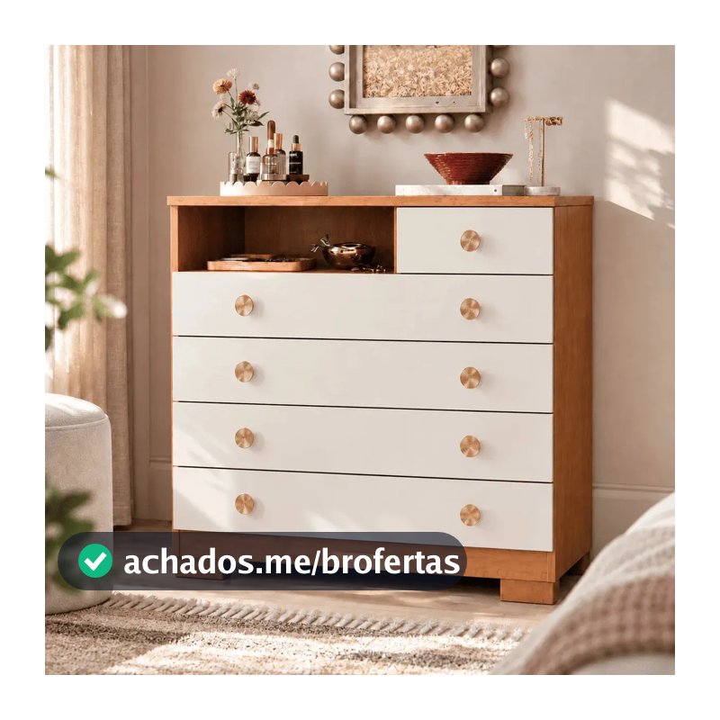 Cômoda 5 Gavetas Para Quarto Adulto Solteiro Com Nicho Pés Corrediças Telescópicas Multiuso Organizadora De Roupas Cor Nature Off White