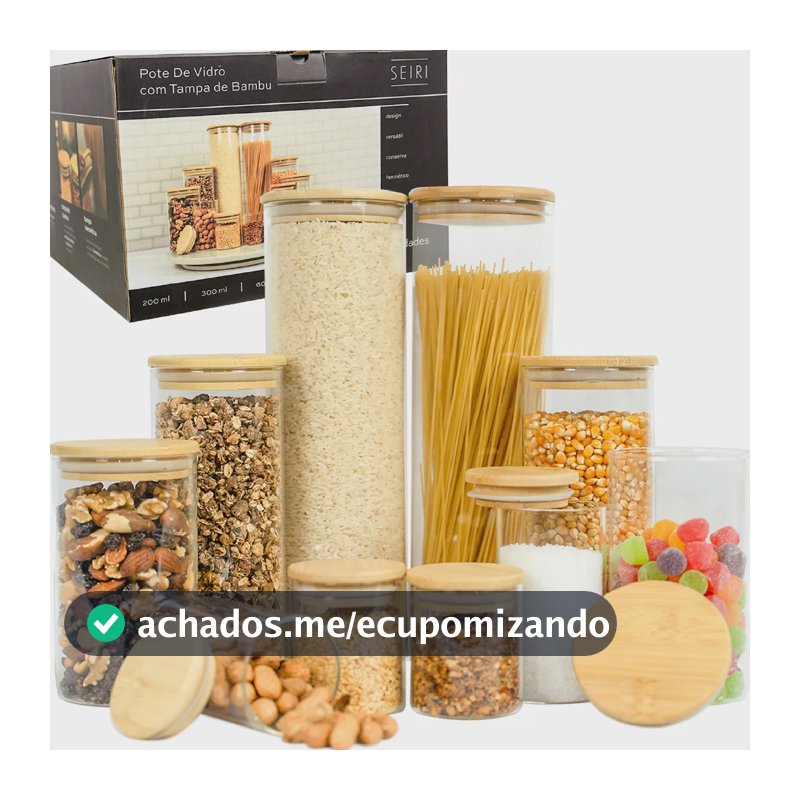 Kit 10 Potes Herméticos Vidro Tampa Bambu Seiri Para Mantimentos Cozinha