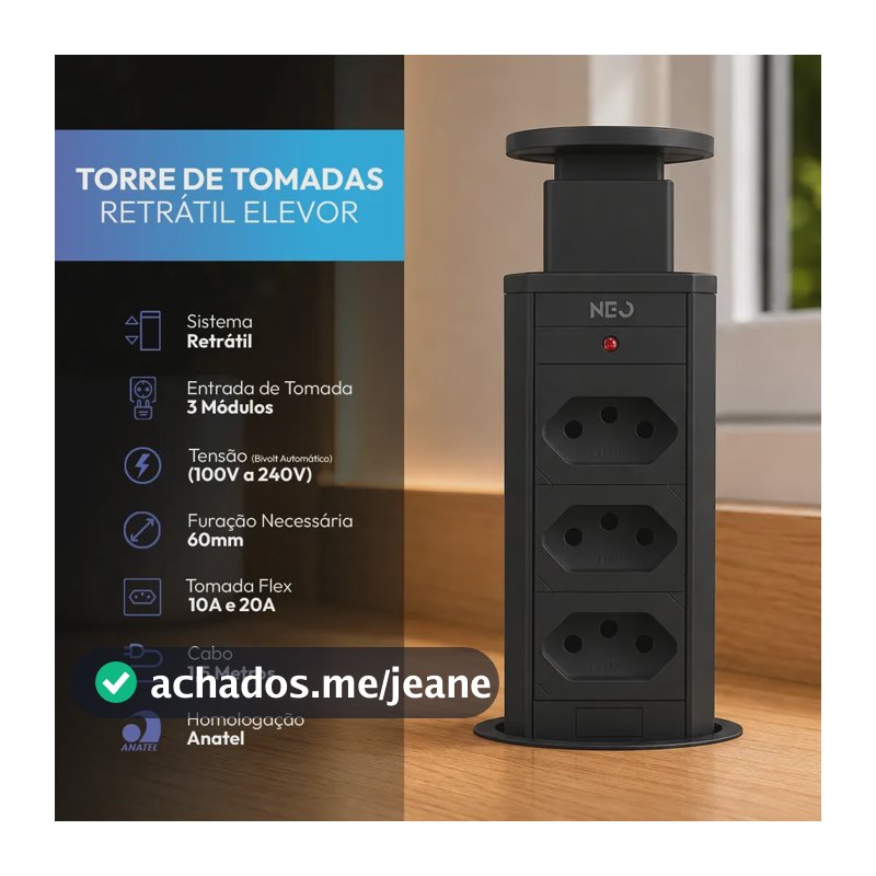 Torre de Tomada Embutir Neo Avant Preta 3 Tomadas Flex 10A 20A Bivolt