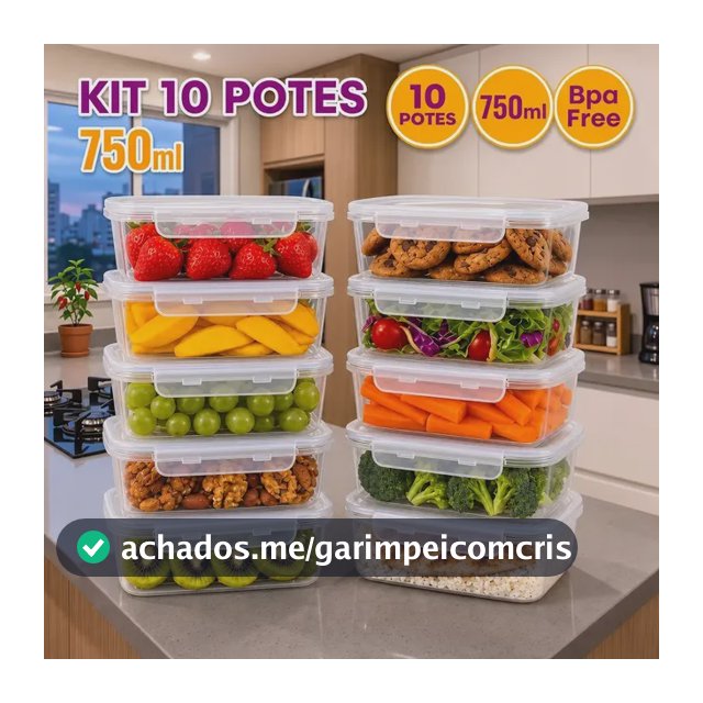 Kit 10 Potes 750ml com Tampa Trava Plástico Transparente para Mantimentos e Alimentos Marmita Organizador de Cozinha Geladeira e Freezer Jogo de Potes para Organização Ponte Lar Utilidades