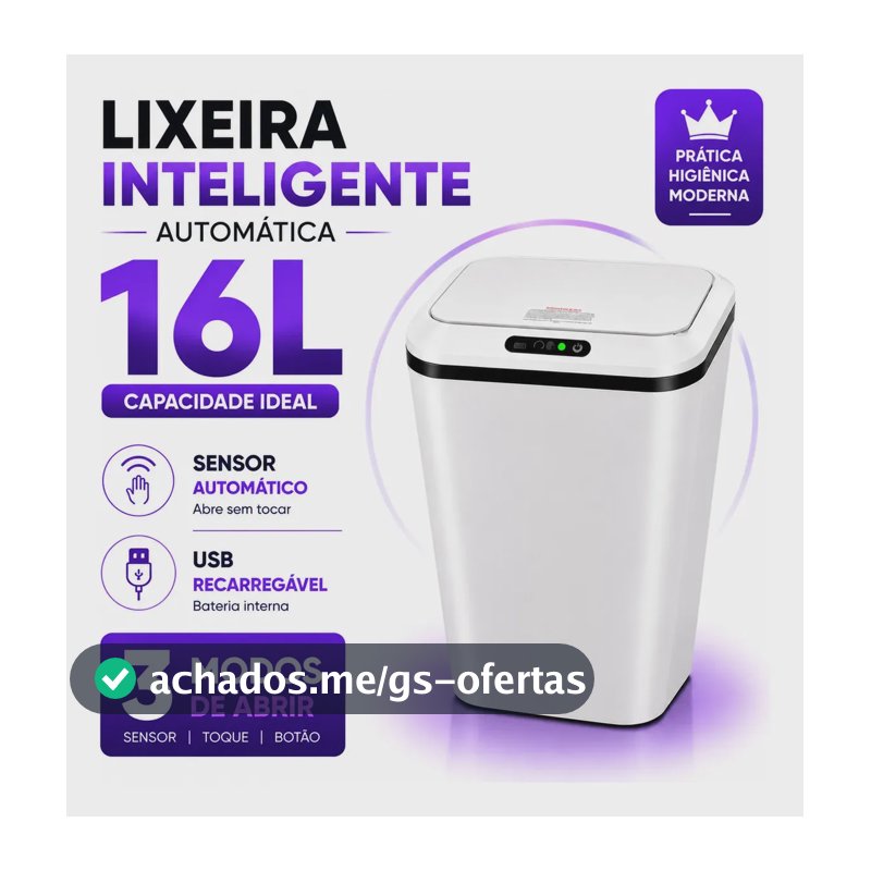 Lixeira Inteligente Automática 16L Sensor Infravermelho Recarregável USB-C 3 Modos Tampa Touch Banheiro Cozinha