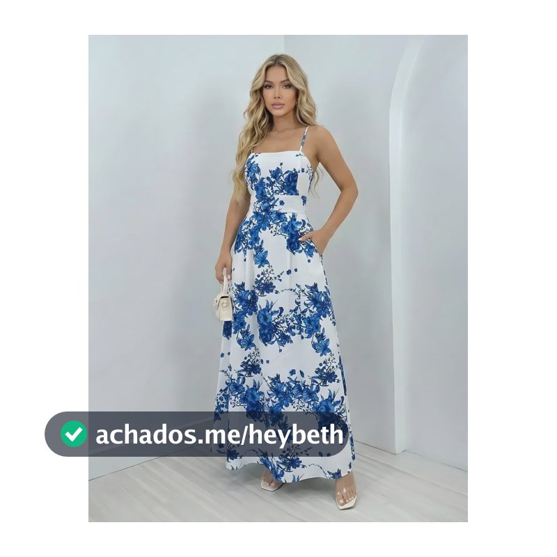 Vestido Longo Feminino Alças Fina Estampa Folhas Moda Verão Azul-flor Único